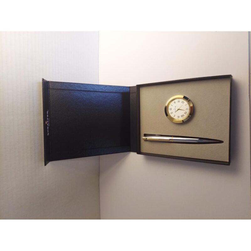 Sheaffer VFM Gift Set with Polished Chrome GT Ball Point & Desk Clock / Paperweight